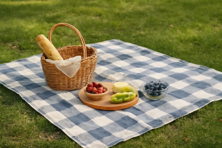 Picnic blanket spread on grass with a basket and snacks