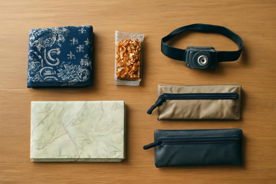 A neat arrangement of small walking-kit items on a table: bandana, snack, map, headlamp, and zip pouches