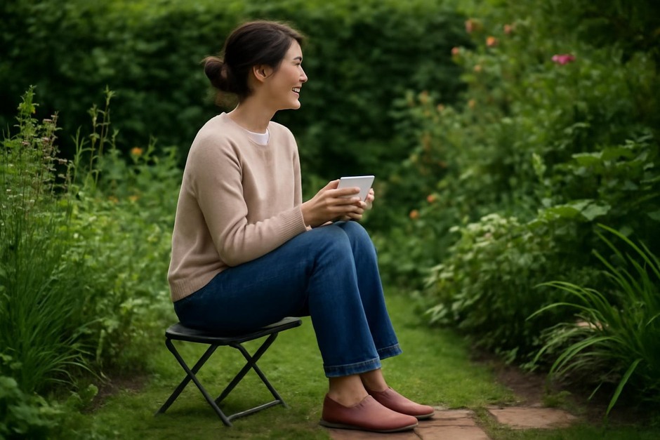 Person sitting on a small garden stool with a cup of tea