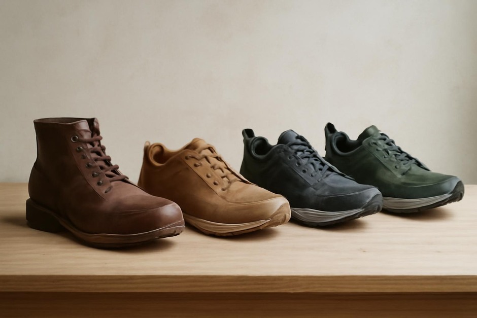 A row of walking shoes ranging from a classic leather boot to modern trail running shoes