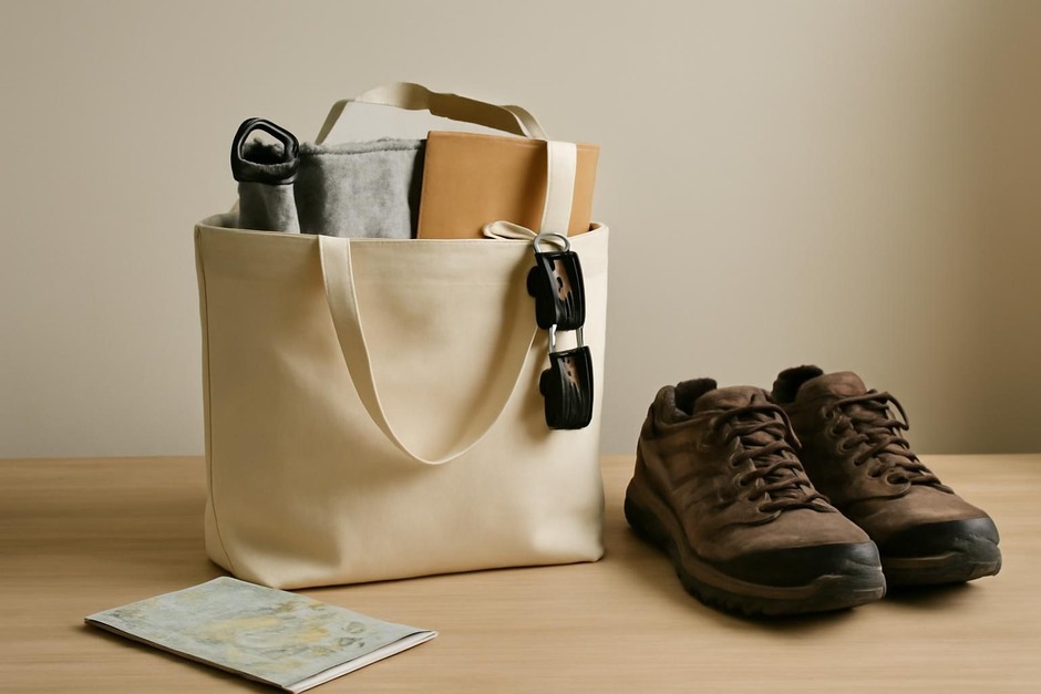 A neatly packed canvas tote beside a pair of walking shoes and a folded map