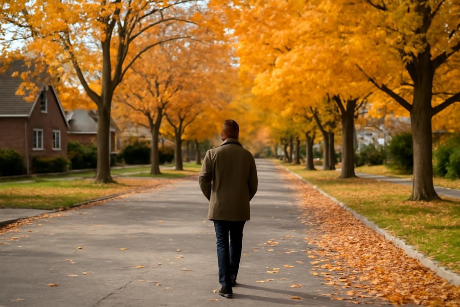 A quiet residential street in autumn, with a person walking and trees lining the sidewalks