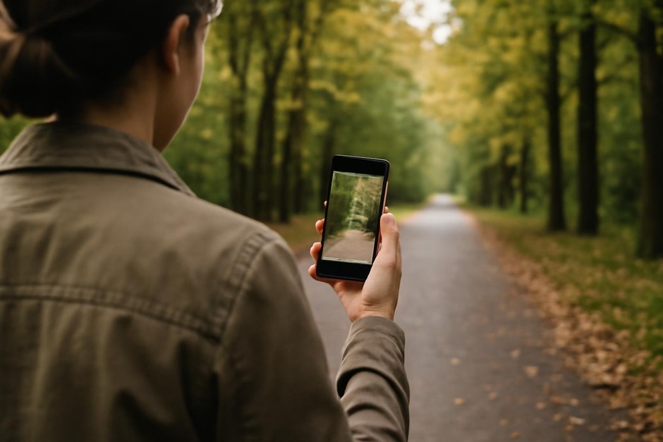 Person holding a phone camera while walking on a tree-lined path