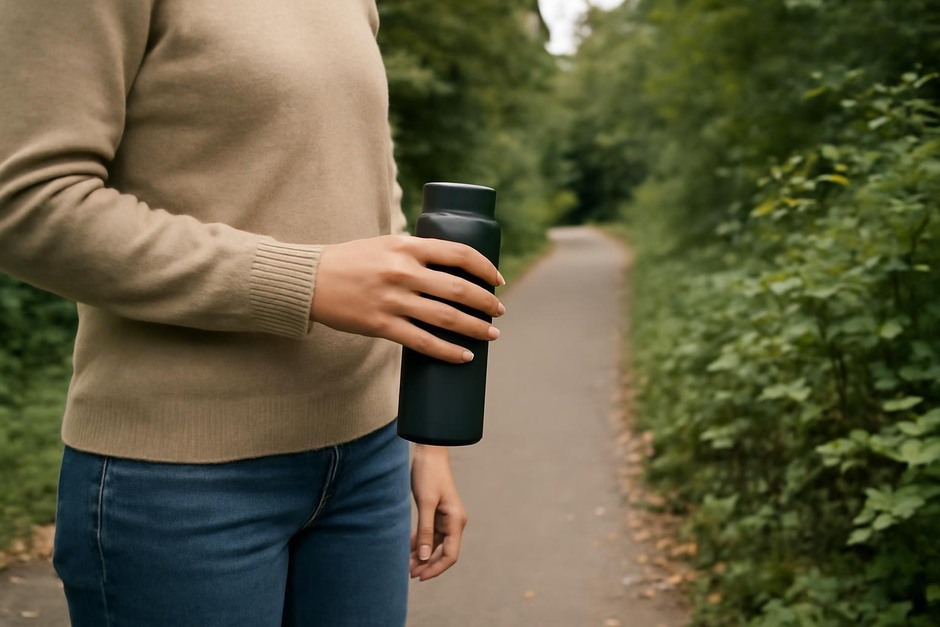 Person holding a small thermos near a leafy path, preparing for a short walk