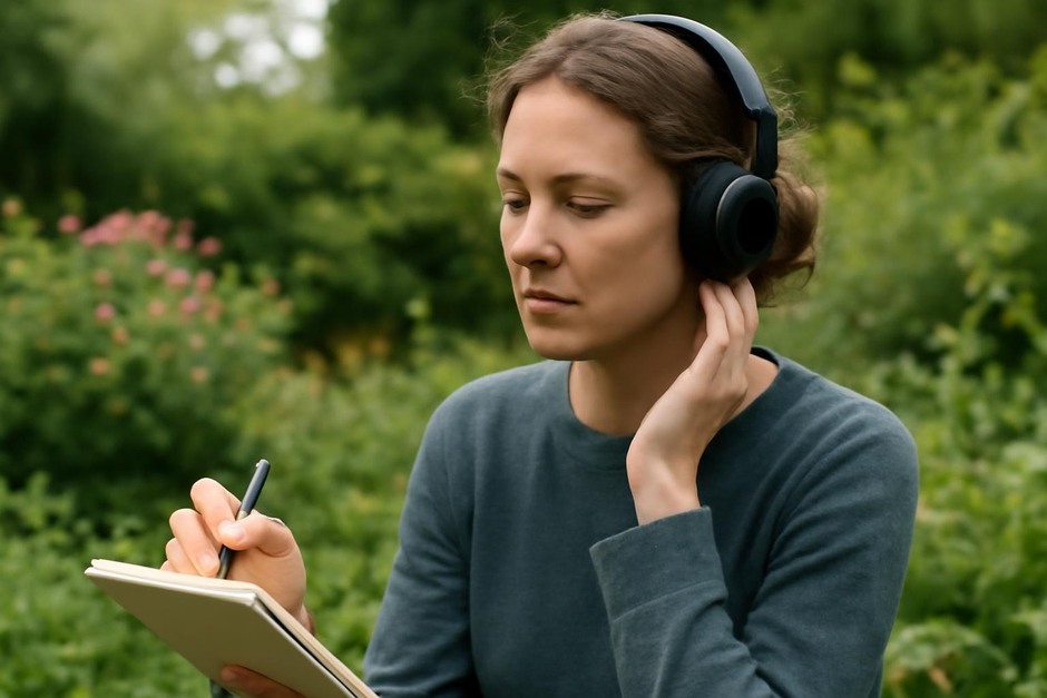 Person with a notebook listening to birds in a garden