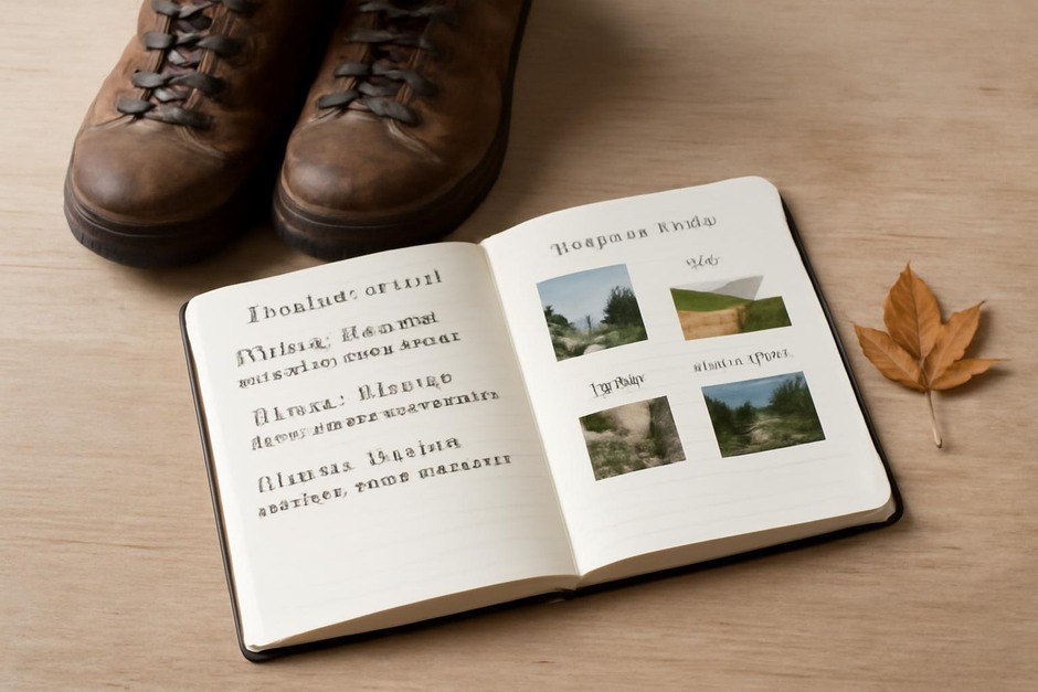 An open notebook beside a pair of walking boots and a pressed leaf