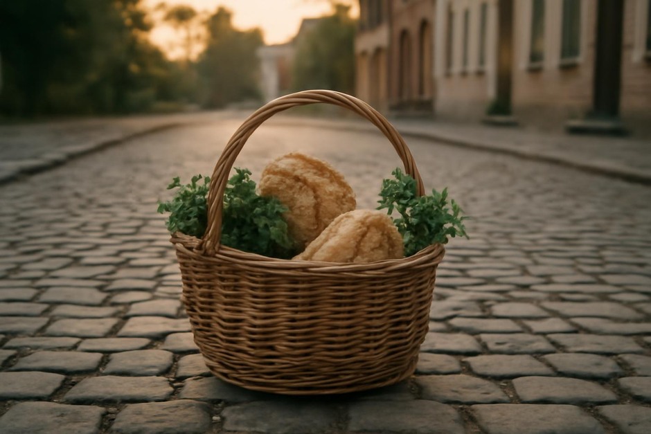 A woven basket resting on a cobbled street at dawn, filled with bread and herbs