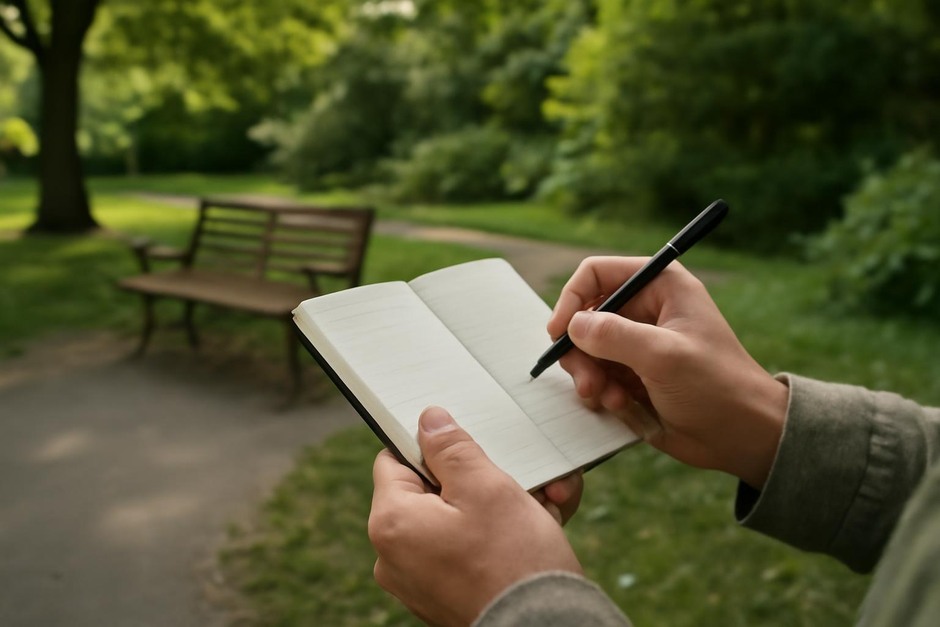 Notebook and pen held during a neighborhood walk overlooking a shaded bench