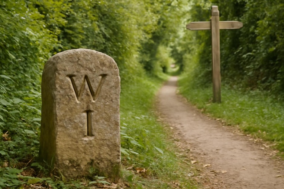Stone milestone beside a leafy footpath, with a simple wooden signpost in the background